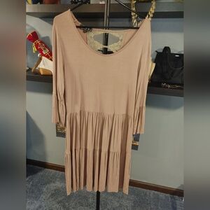 Beige Tiered POL Dress With Scoop Neck, Bell Sleeve And Lace Back, Size S/Med